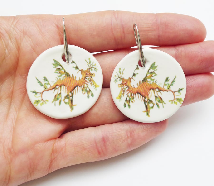 Handmade Leafy Seadragon Ceramic Earrings with Silver Coloured Ear Wires