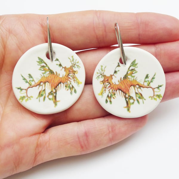 Handmade Leafy Seadragon Ceramic Earrings with Silver Coloured Ear Wires