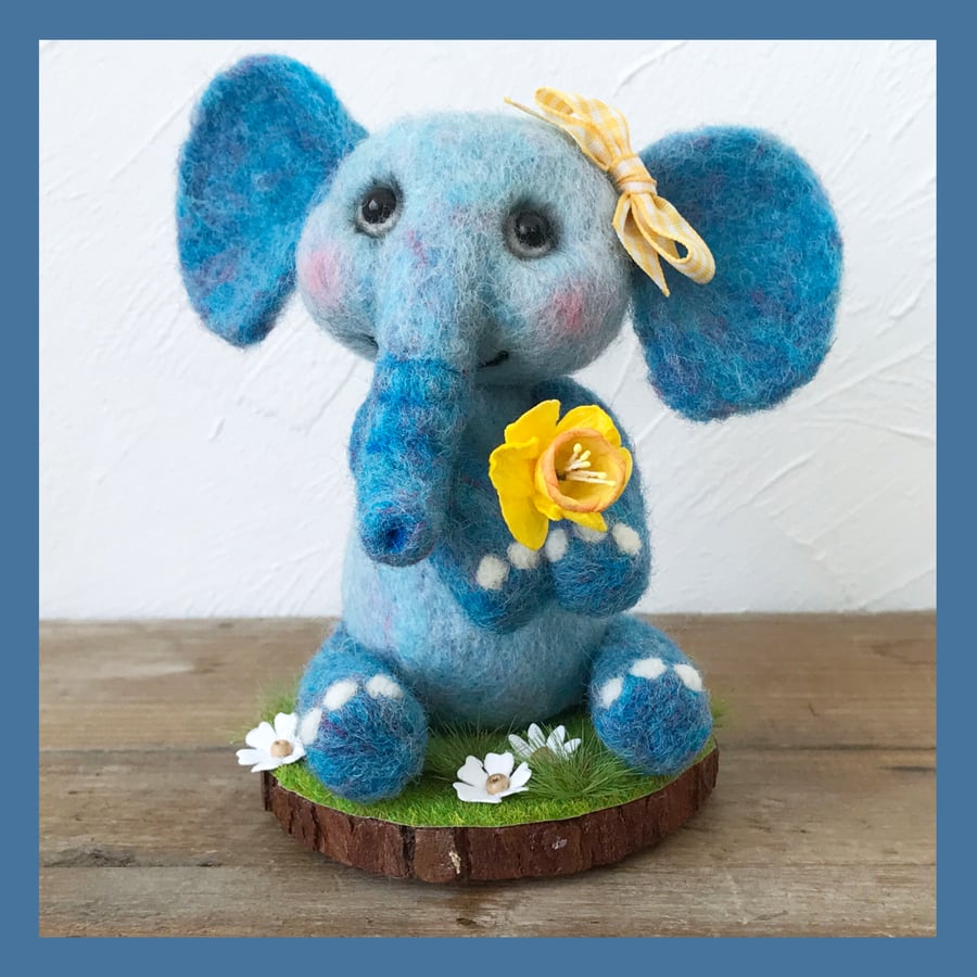 Blue Needle Felt Elephant with Daffodil