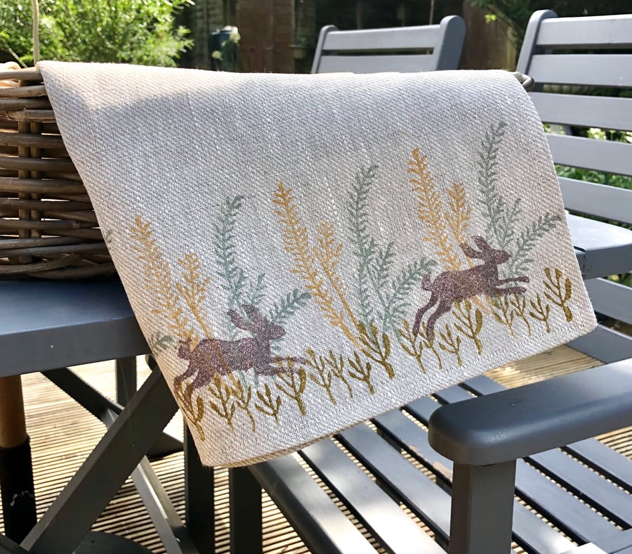 Hand Printed Linen Tea Towel - Meadow Hares