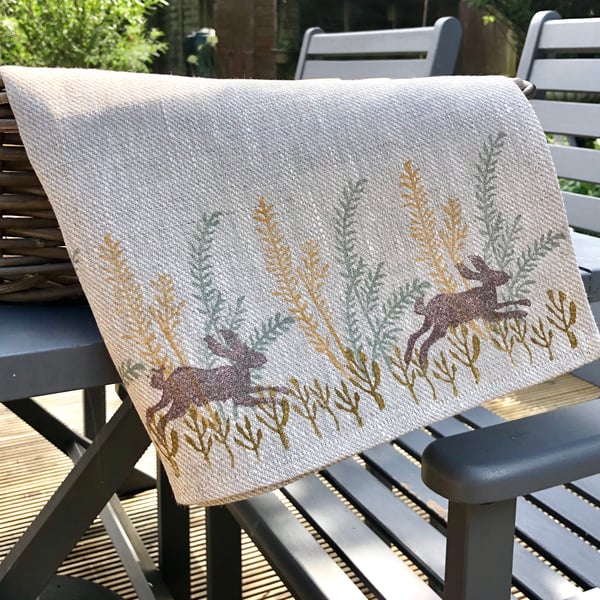 Hand Printed Linen Tea Towel - Meadow Hares