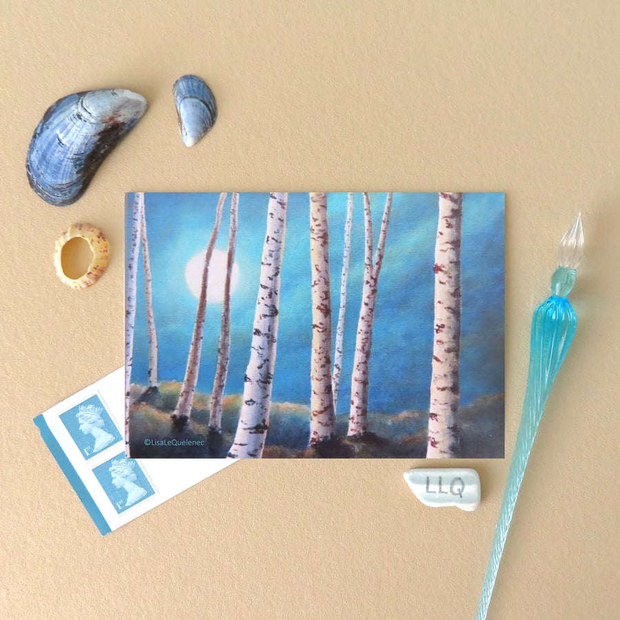 Moon amongst the birch, New Forest blank greetings artist art card cello free