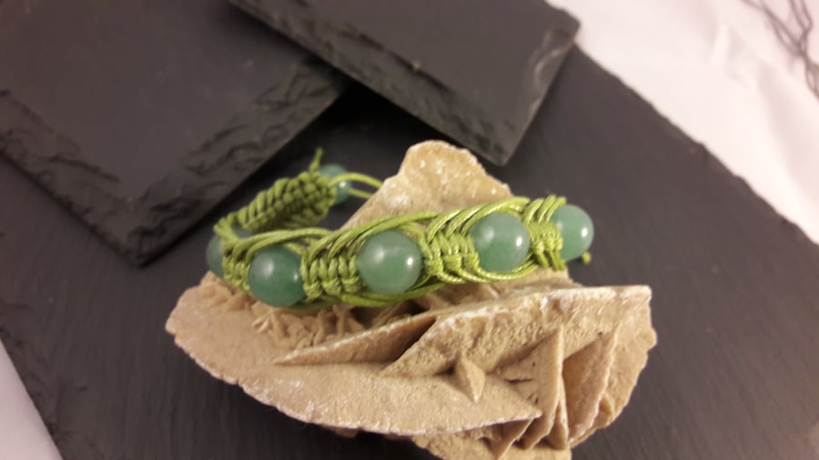 Unisex Green Agate in Green Waxed Cord Adjustable Macrame Bracelet