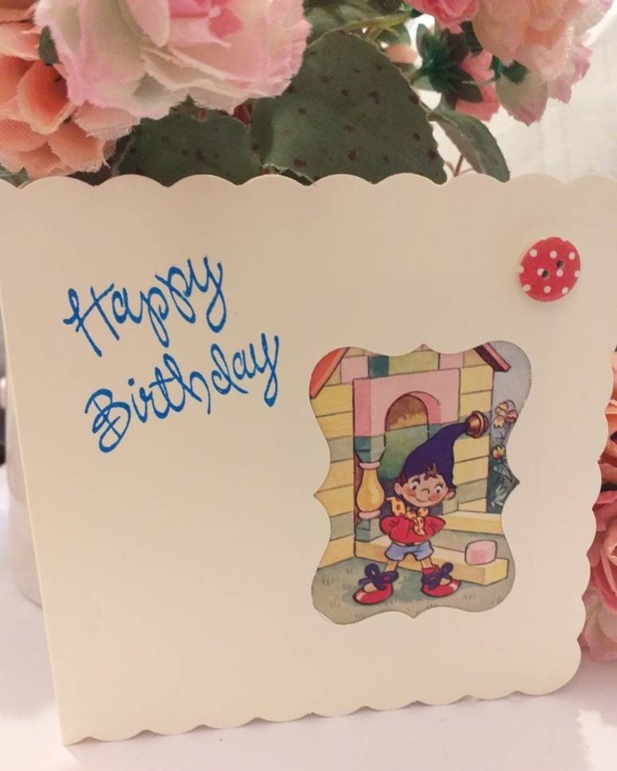 Noddy handmade birthday card made with upcycled pepys 1955 playing cards 