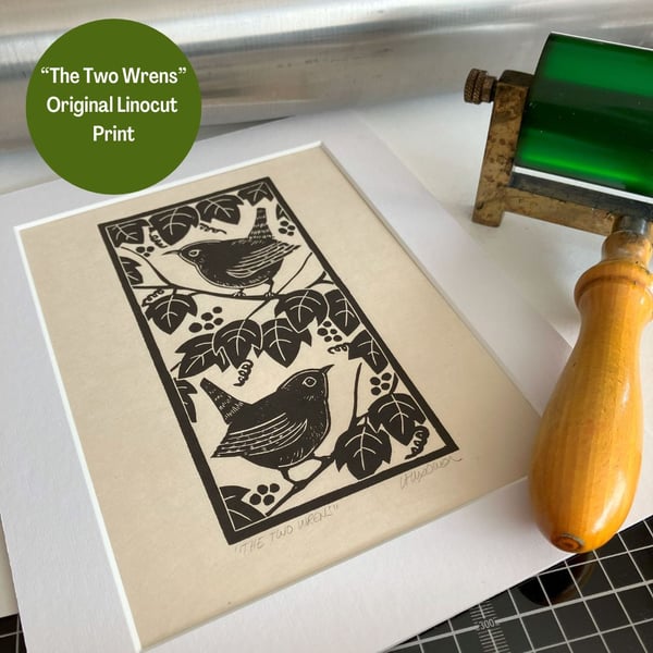 Two Wrens - Lino Print - Hand Printed - Anniversary
