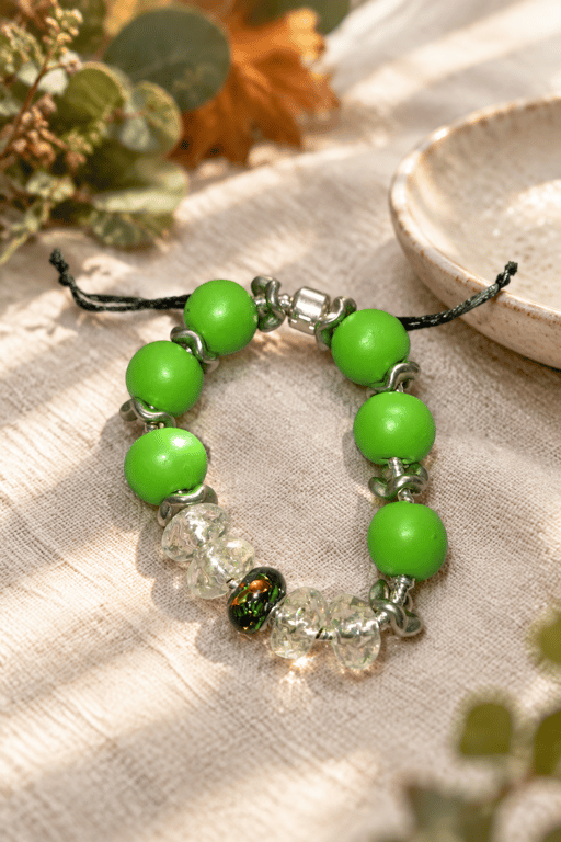 Green Snake Charm Bracelet - Handmade Beaded Bracelet