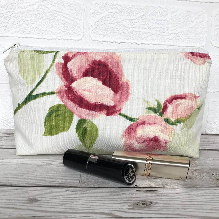 Cosmetic bag, make up bag in ceam and pale green with pink Roses and rosebuds