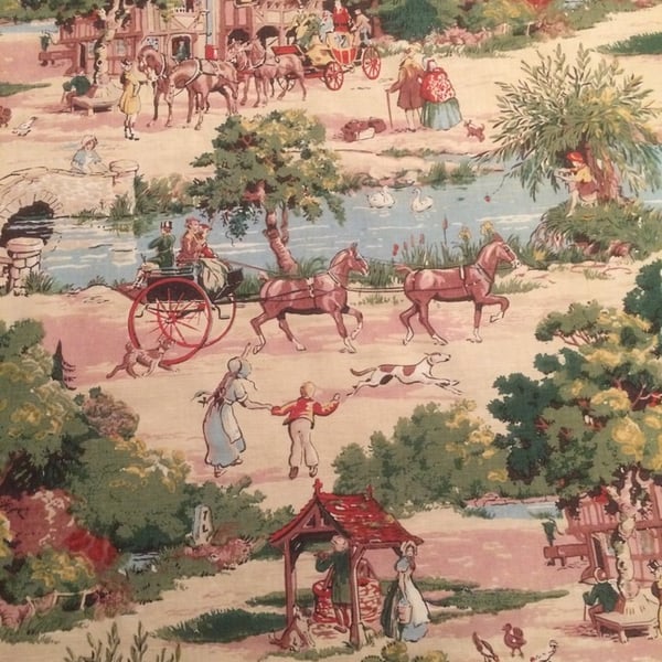 Lovely 30s 40s VILLAGE COUNTRY PUB scene Horses Vintage Fabric Lampshade