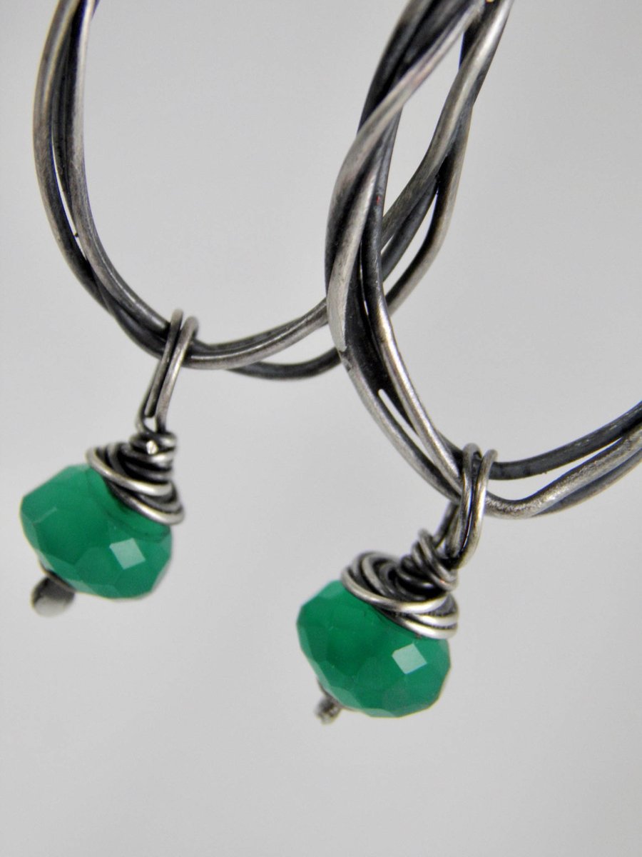 Emerald Green Onyx Handcrafted Earrings Sterling Silver, Oxidised Hoop 
