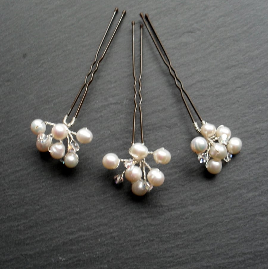 SALE Set of Three Freshwater Pearl and Swarovski Crystals Hair Pins
