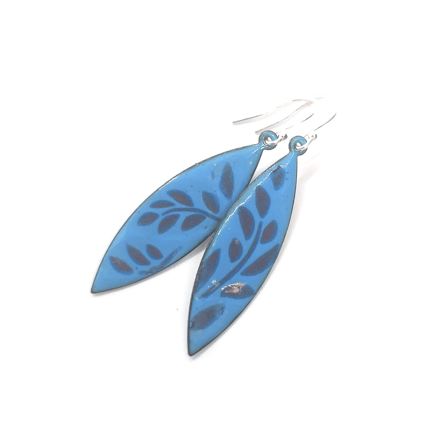 Blue leaf enamel drop earrings