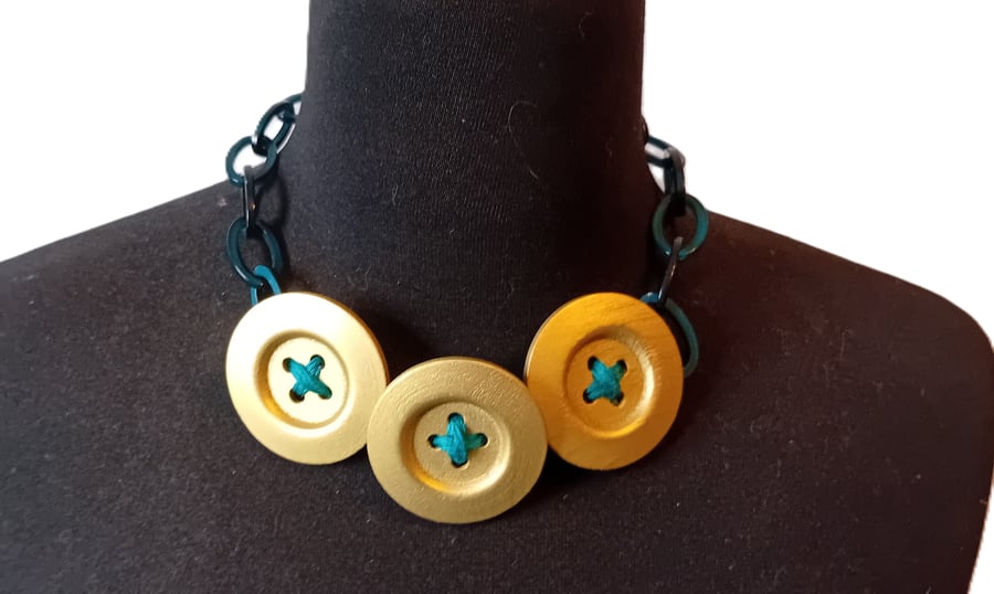 Gold Button & Teal Statement Necklace