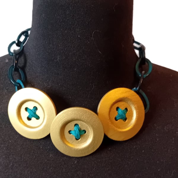 Gold Button & Teal Statement Necklace