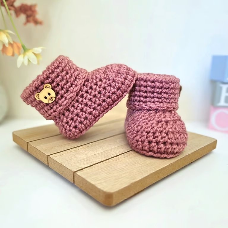 Teddy Button Crochet Baby Booties Newborn to 6 Months - New Baby Gift