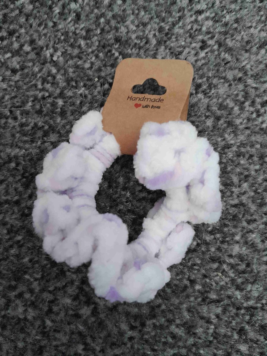 Crochet hair scrunchie white, pink and purple