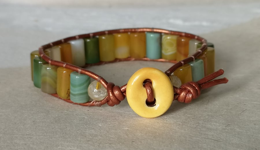 Yellow and green agate bead and copper leather bracelet with ceramic button 