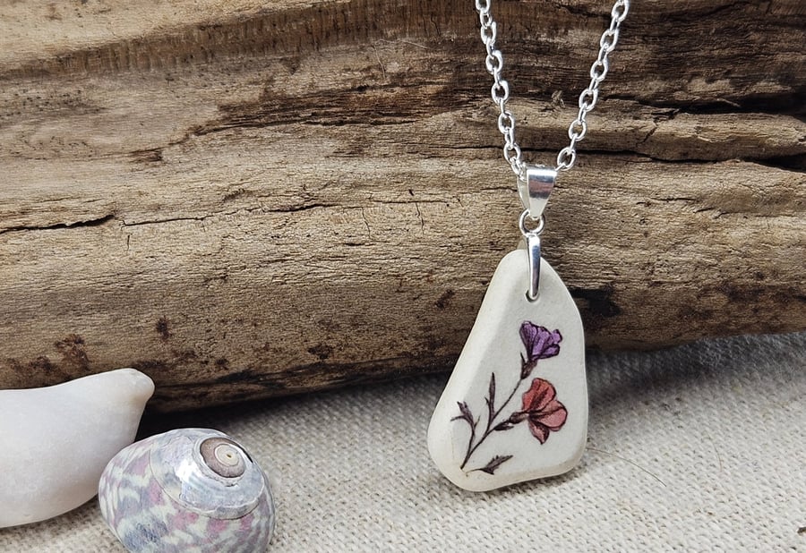 Sterling Silver Wildflower Sea Pottery Necklace - Handmade Coastal Pendant