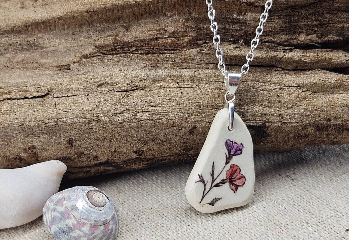 Sterling Silver Wildflower Sea Pottery Necklace - Handmade Coastal Pendant