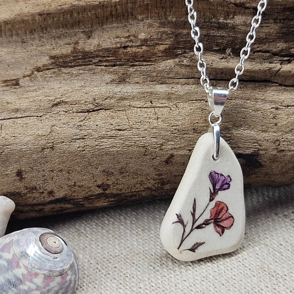 Sterling Silver Wildflower Sea Pottery Necklace - Handmade Coastal Pendant