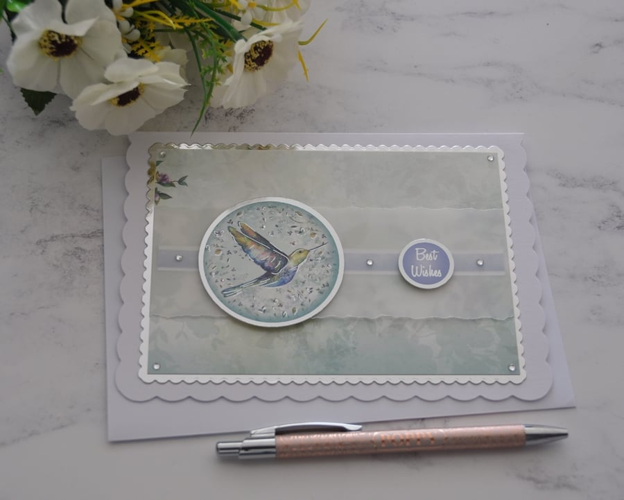 Best Wishes Birthday Card Hummingbird Flowers 3D Luxury Handmade Card