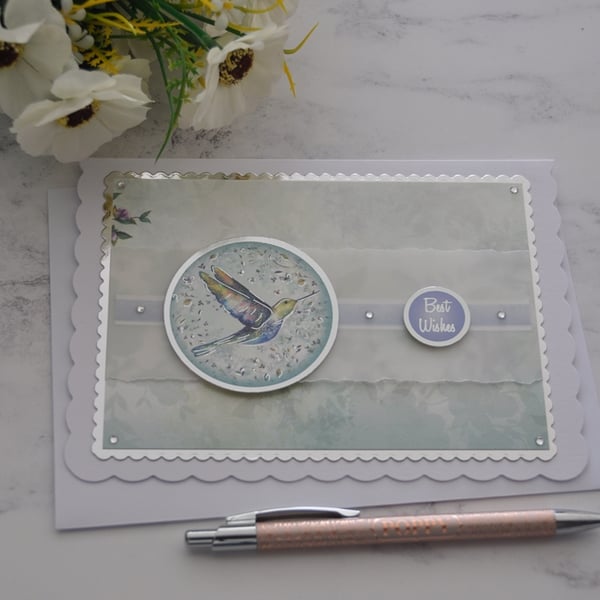 Best Wishes Birthday Card Hummingbird Flowers 3D Luxury Handmade Card