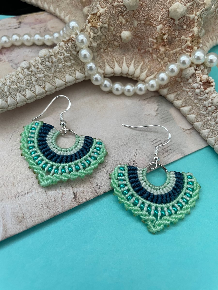 Boho earring, festival fan design dangle micro macrame beaded earrings, summer