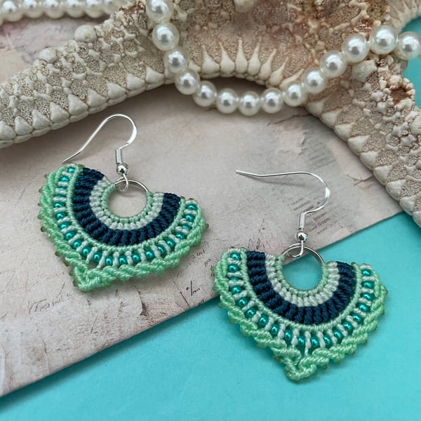 Boho earring, festival fan design dangle micro macrame beaded earrings, summer