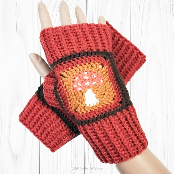 Crochet gloves, copper and orange toadstool gloves mushroom fingerless gloves. 