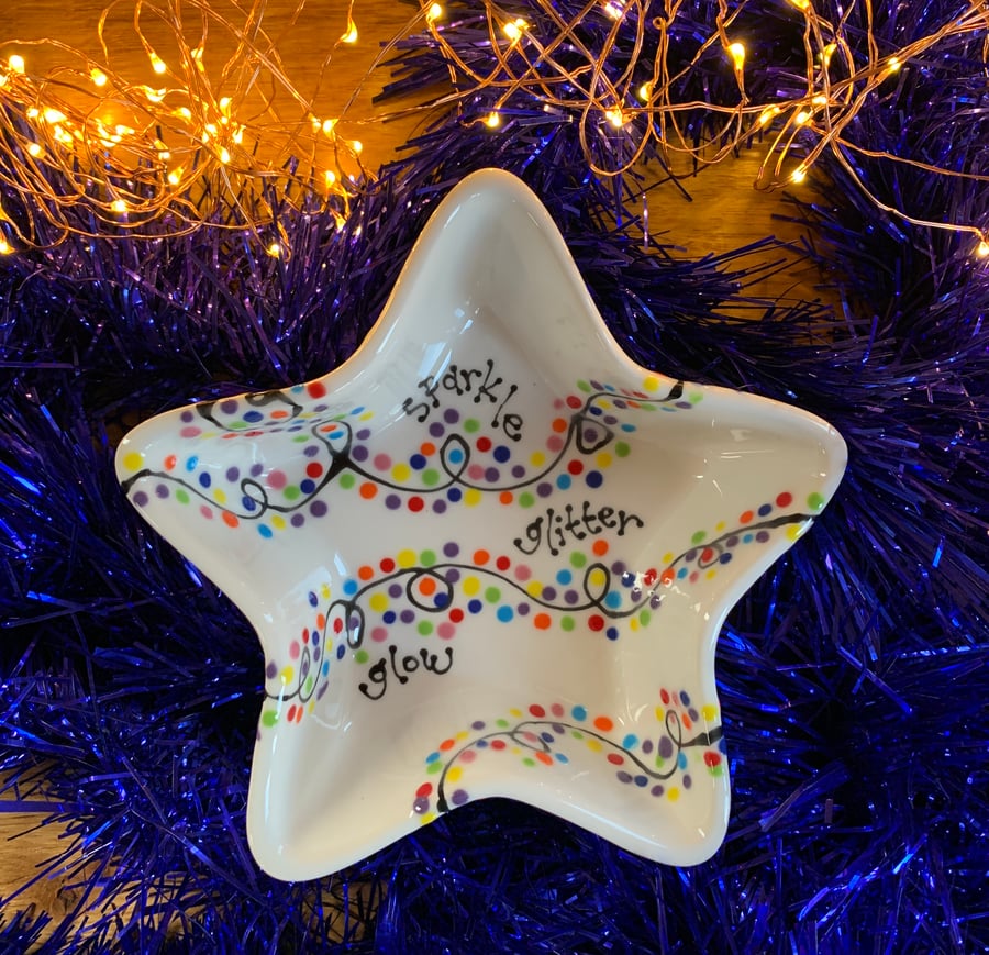 Ceramic Fairy Light Star Dish, Hand Painted Christmas Bowl