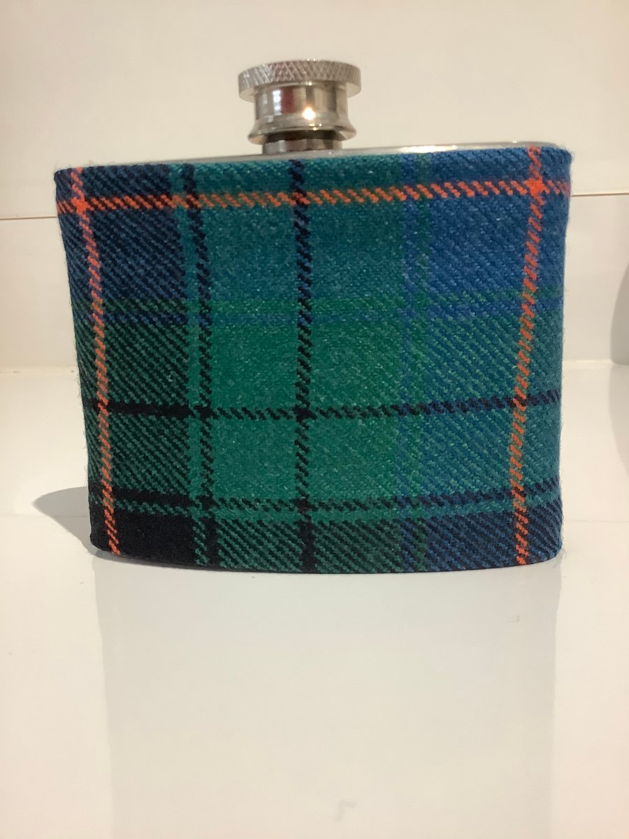 Blue ,Green and Black check Scottish wool Tartan with Whisky 4oz Hip flask ,