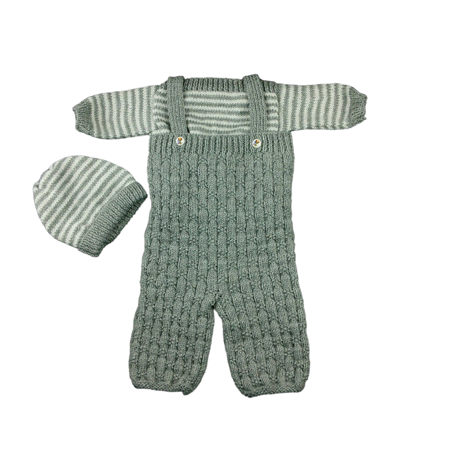 Hand knitted baby jumper dungarees and hat set grey and white Seconds Sunday