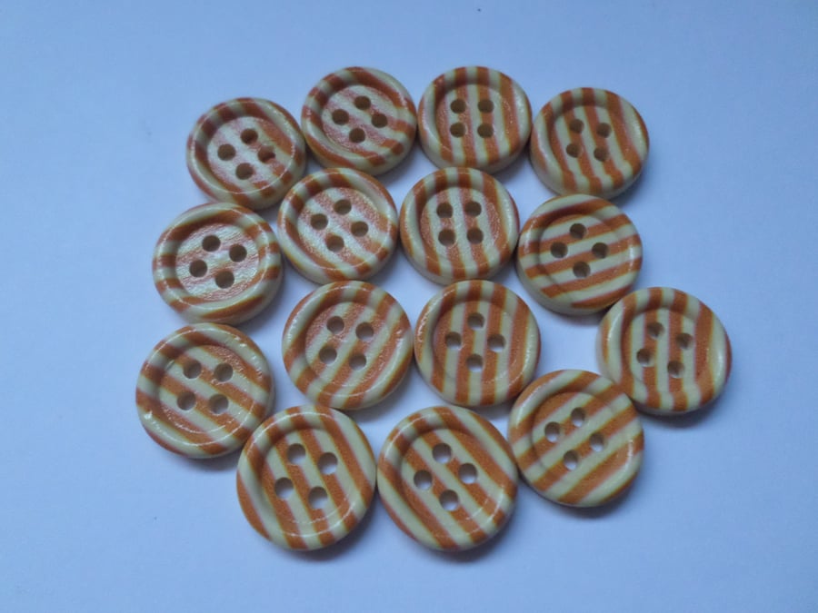 15 x 4-Hole Printed Wooden Buttons - Round - 15mm - Stripes - Orange 