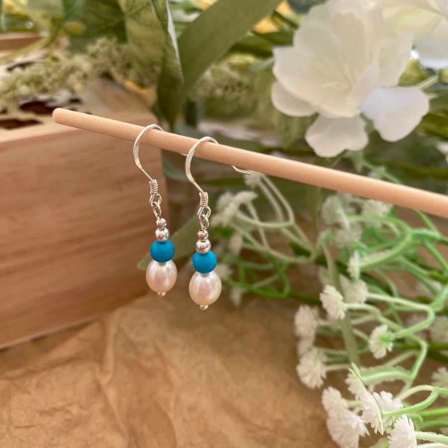 Turquoise and Freshwater Pearl Dangling Earrings in Sterling Silver