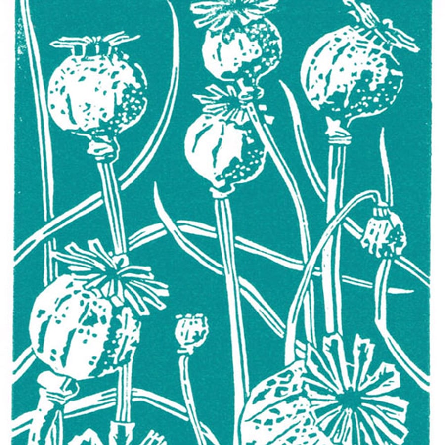 Poppy Seedhead in dark cyan - Linocut Print