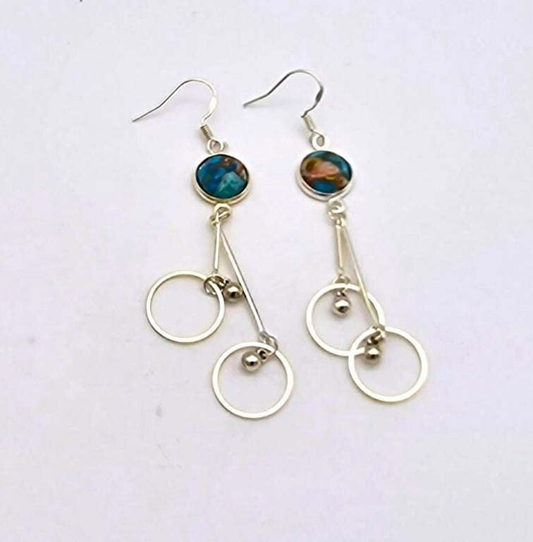 Mohave Copper Turquoise Long Dangle Earrings- Sterling Silver Hooks
