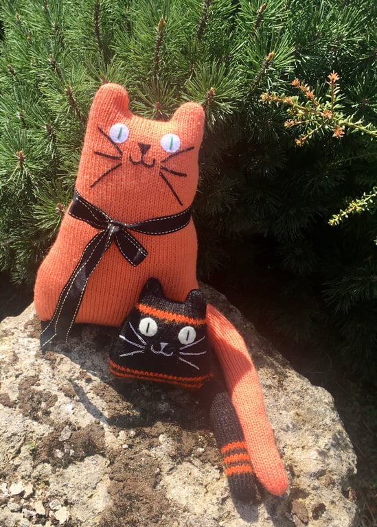 Hand knitted ginger cat,   collectables, cat shaped cushion    