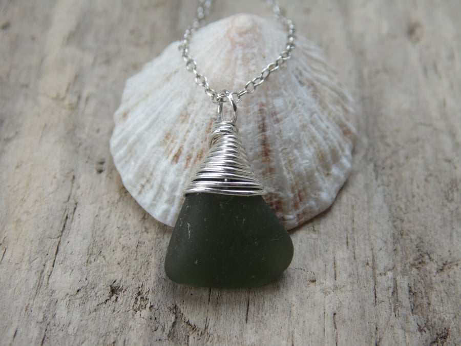 Dainty Deep Olive Green Marazion Sea Glass Necklace N640