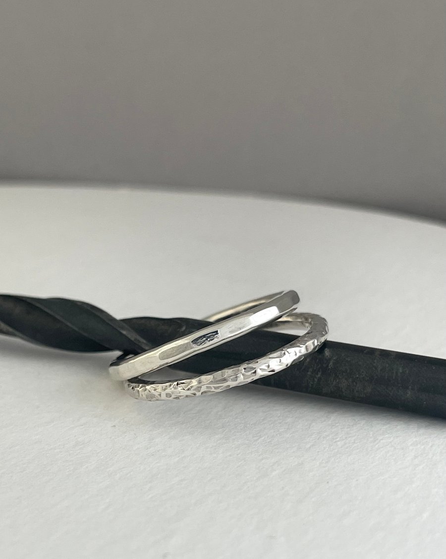 Sterling Silver Stacking Ring Set (X2) 2mm Hammered-Sparkly & Faceted Sizes H-Z 