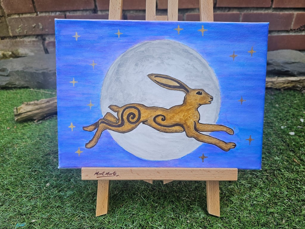 Hare in the Moon A4 Acrylic on Canvas Painting folk folklore pagan