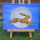 Hare in the Moon A4 Acrylic on Canvas Painting folk folklore pagan