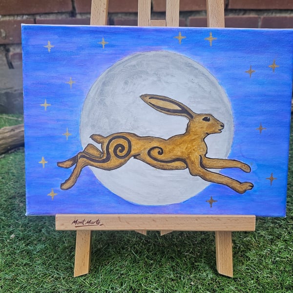Hare in the Moon A4 Acrylic on Canvas Painting folk folklore pagan