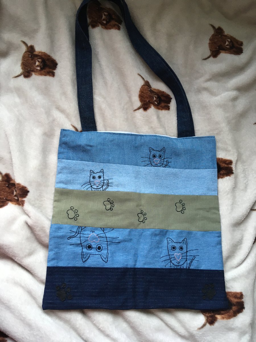 Upcycled Hand Embroidered Cat Tote Bag
