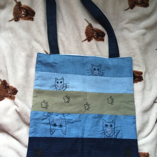 Upcycled Hand Embroidered Cat Tote Bag