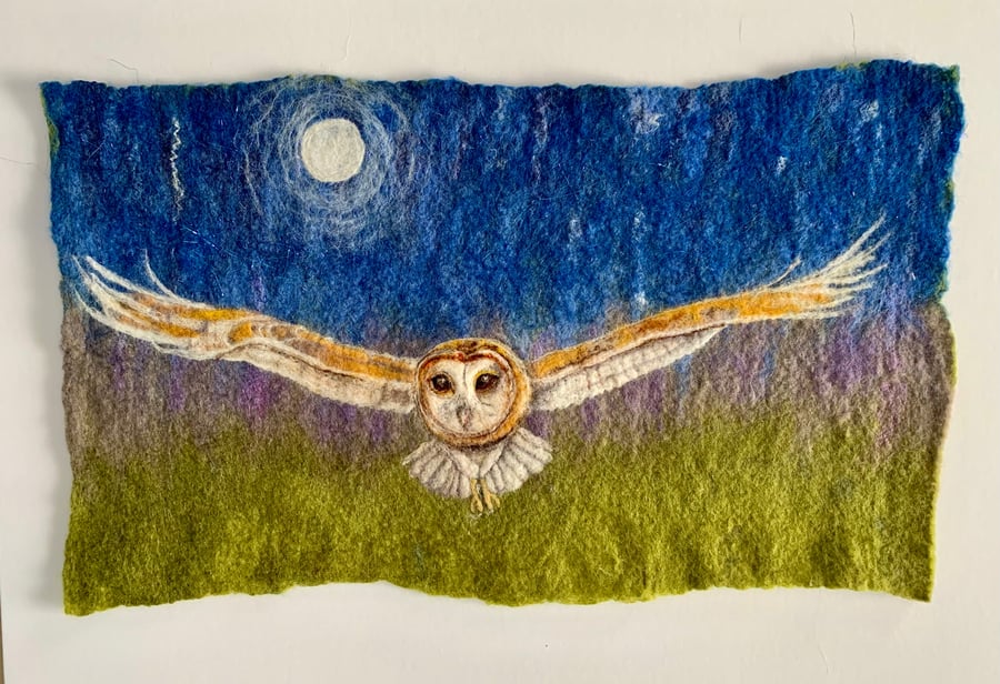 Barn owl in moonlight (original felted painting)