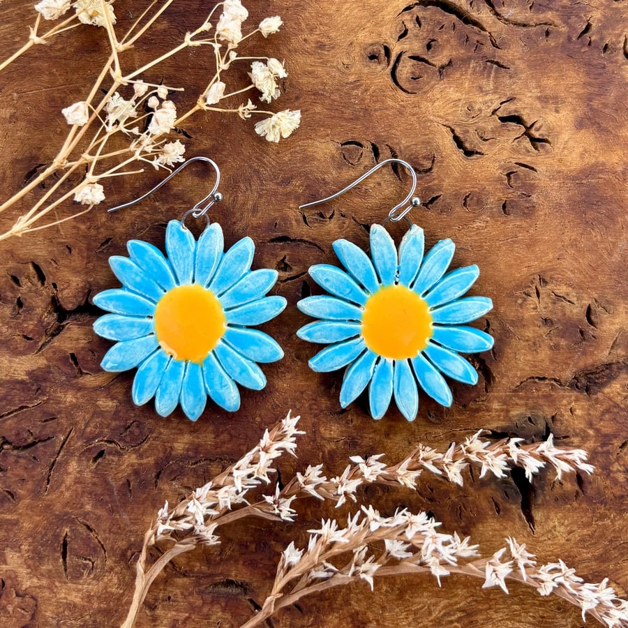 Handmade Ceramic Daisy Earrings, Foraged Dartmoor Clay, Stainless Steel, Blue Ye