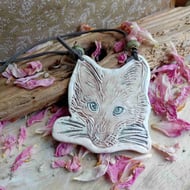 Handpainted fox embossed necklace pendant rustic porcelain clay vintage beads