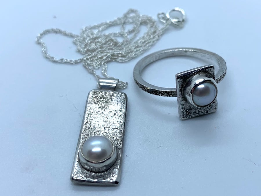 Freshwater Pearl and Textured Sterling Silver Ring & Pendant Set, 100% Handmade