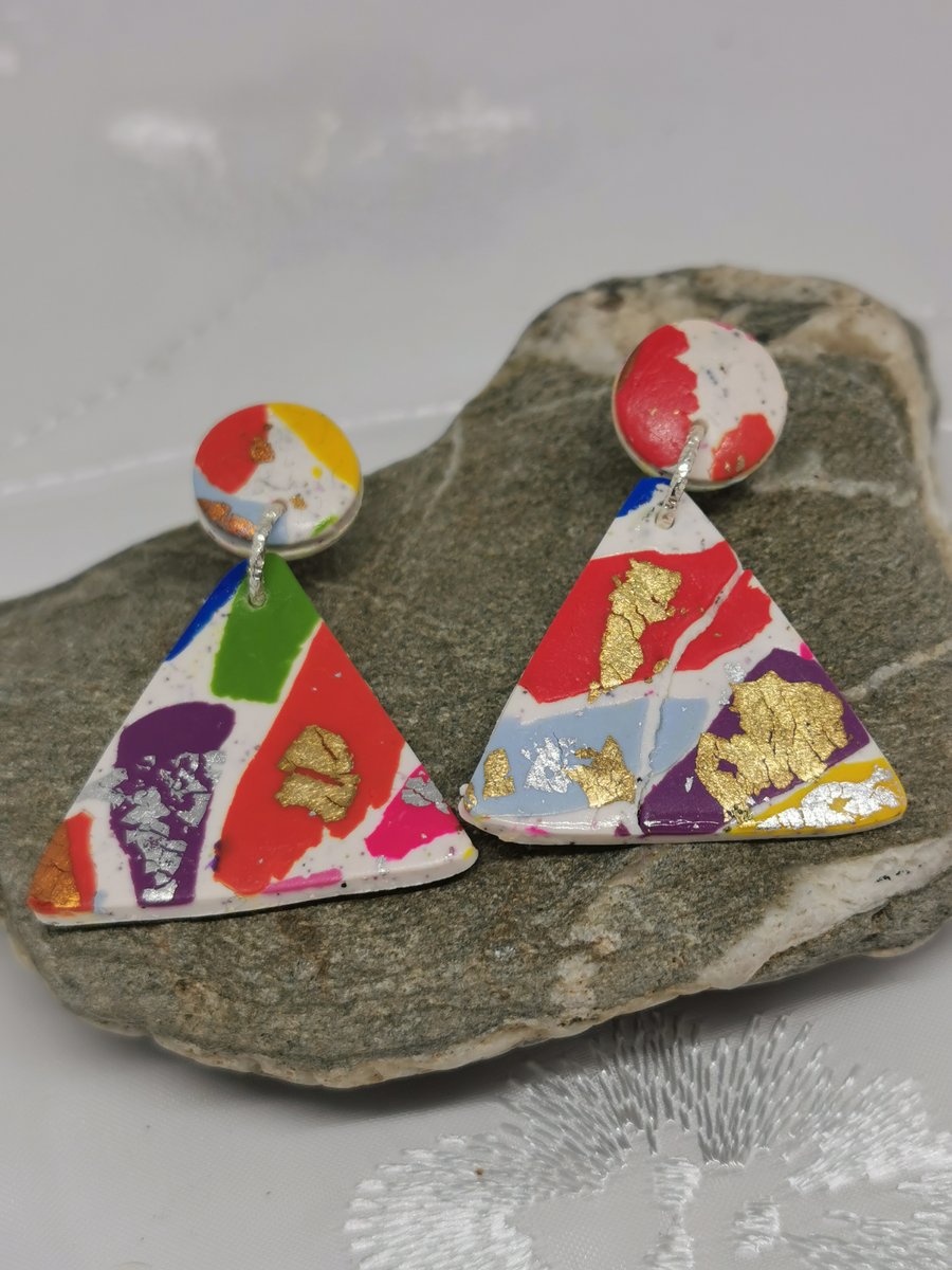 Modern, triangle, Terrazzo earrings. Multi colours on white glitter background. 