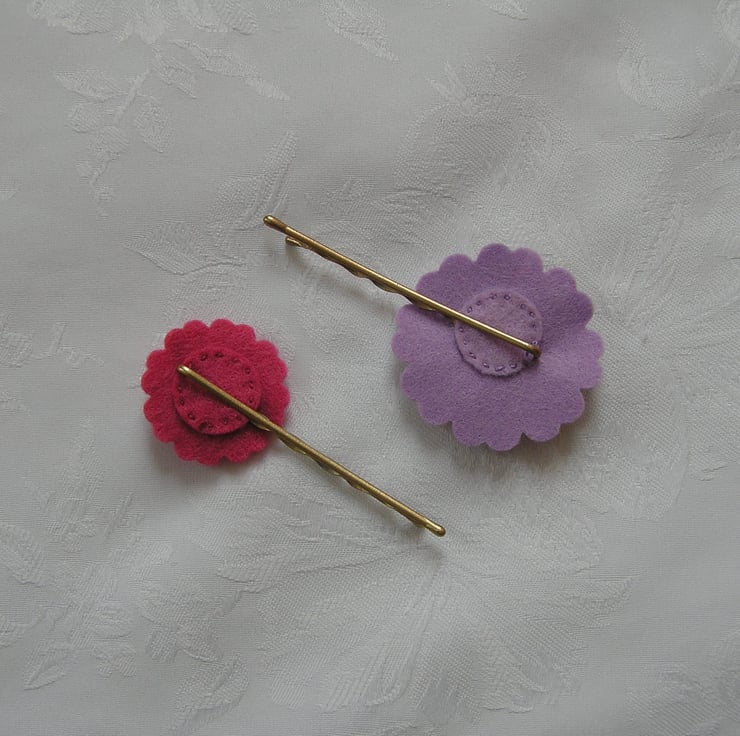 felt flowers, hair clips, pink, purple, cream, Folksy