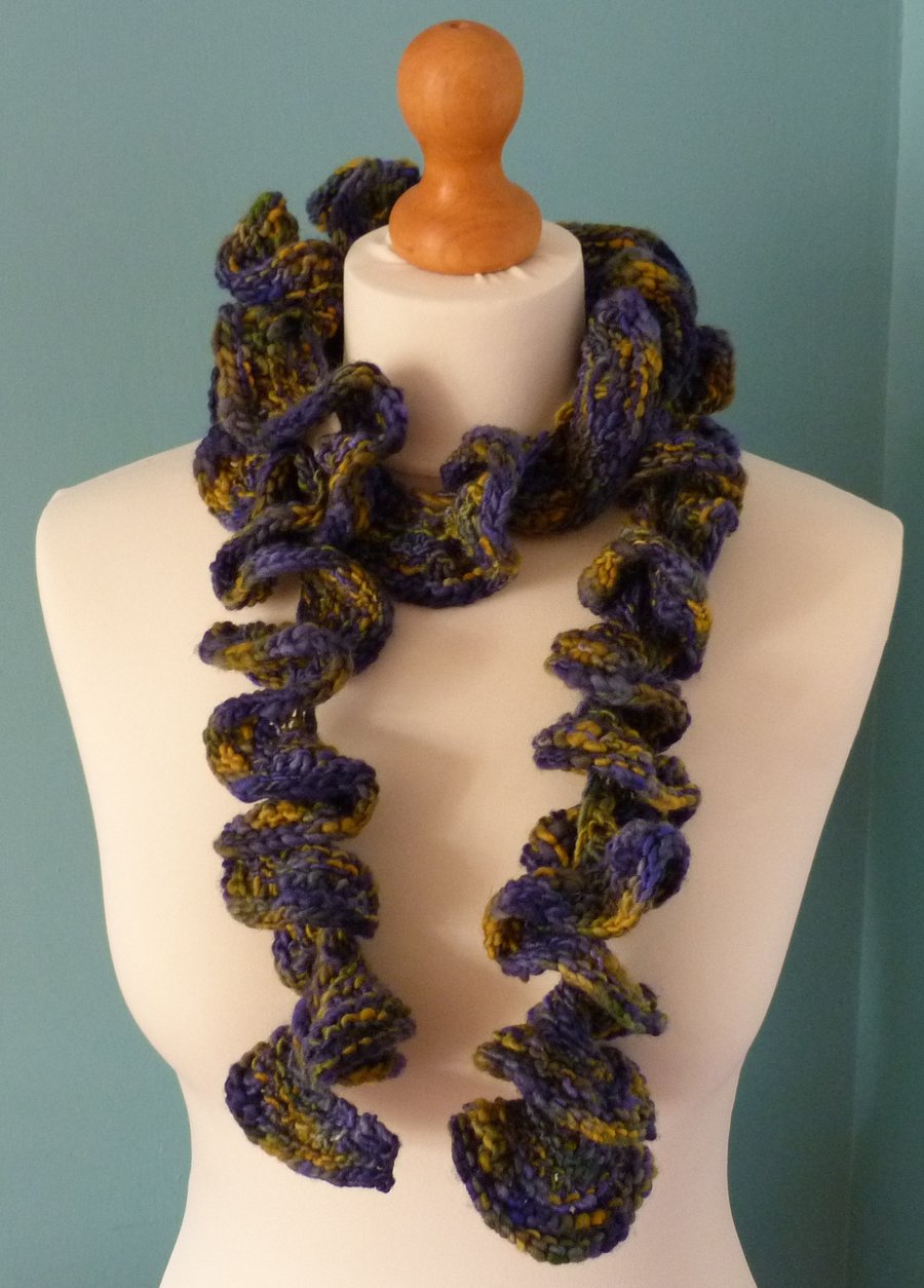 CLEARANCE SALE! Hand Spun and Hand Knit Ruffle Scarf in Blue Yellow and Green